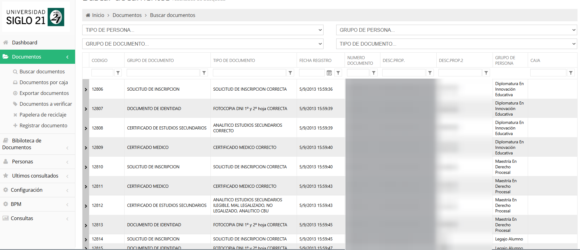 Listado de documentos en Document Manager, con datos personales ofuscados